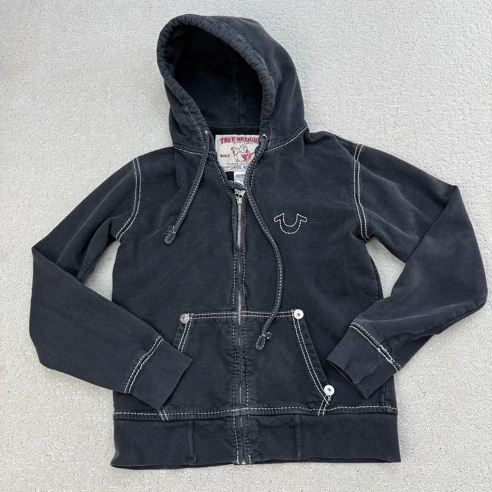 True Religion Y2K Classic Zip Hoodie‎ Faded Black Contrast Stitch USA S $168